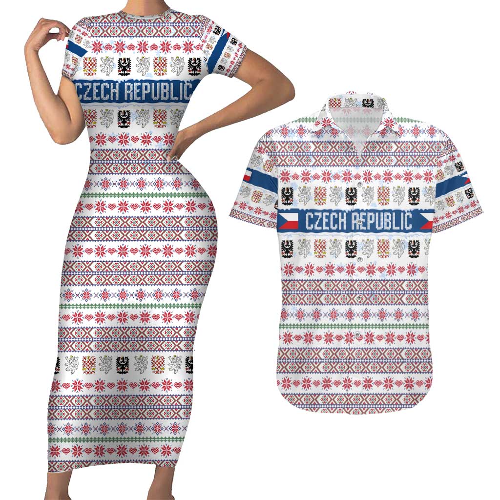 Czech Republic Christmas Couples Matching Short Sleeve Bodycon Dress and Hawaiian Shirt with Folk Embroidery Design, National Coat of Arms, and Festive Motif - Wonder Print Shop