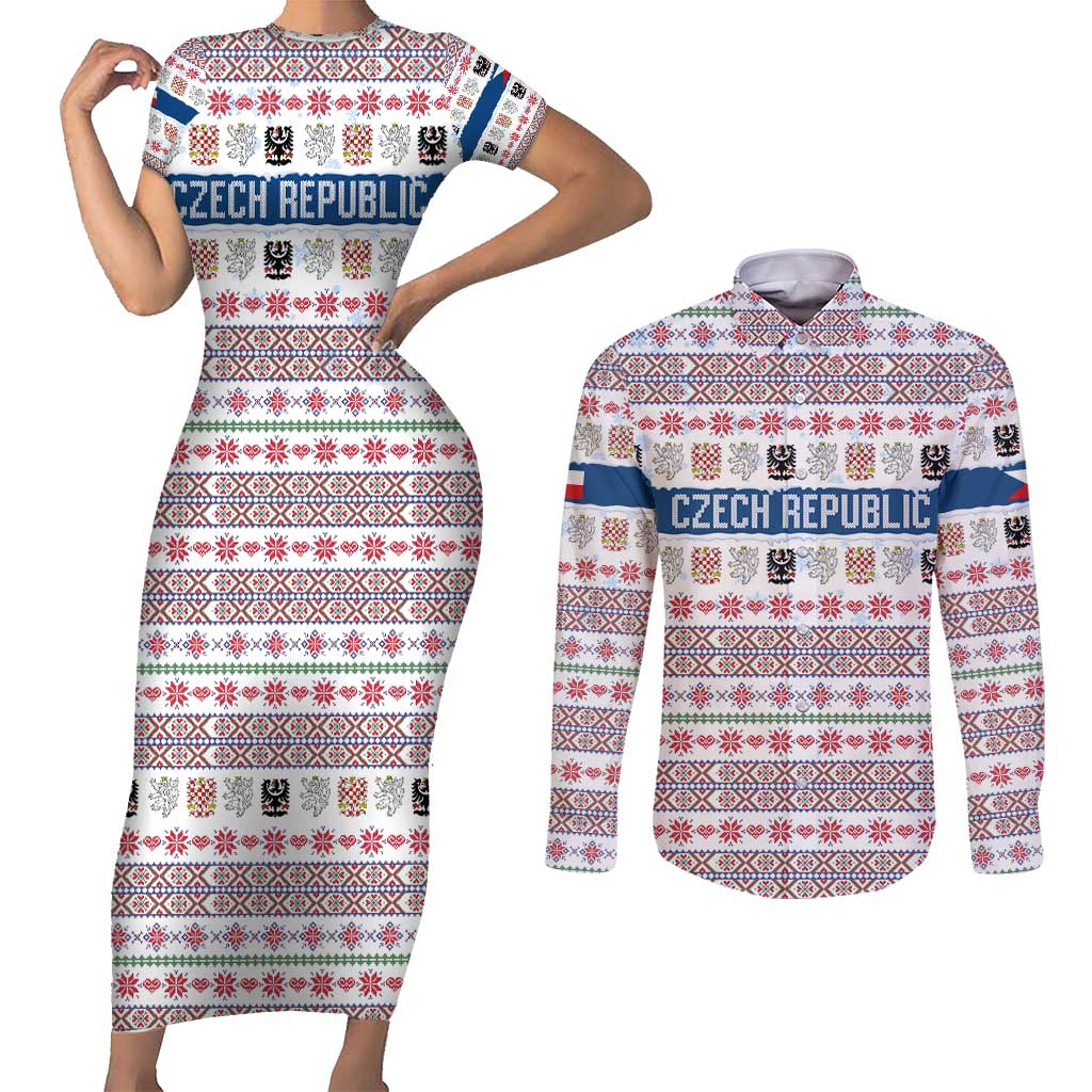 Czech Republic Christmas Couples Matching Short Sleeve Bodycon Dress and Long Sleeve Button Shirt with Folk Embroidery Design, National Coat of Arms, and Festive Motif - Wonder Print Shop