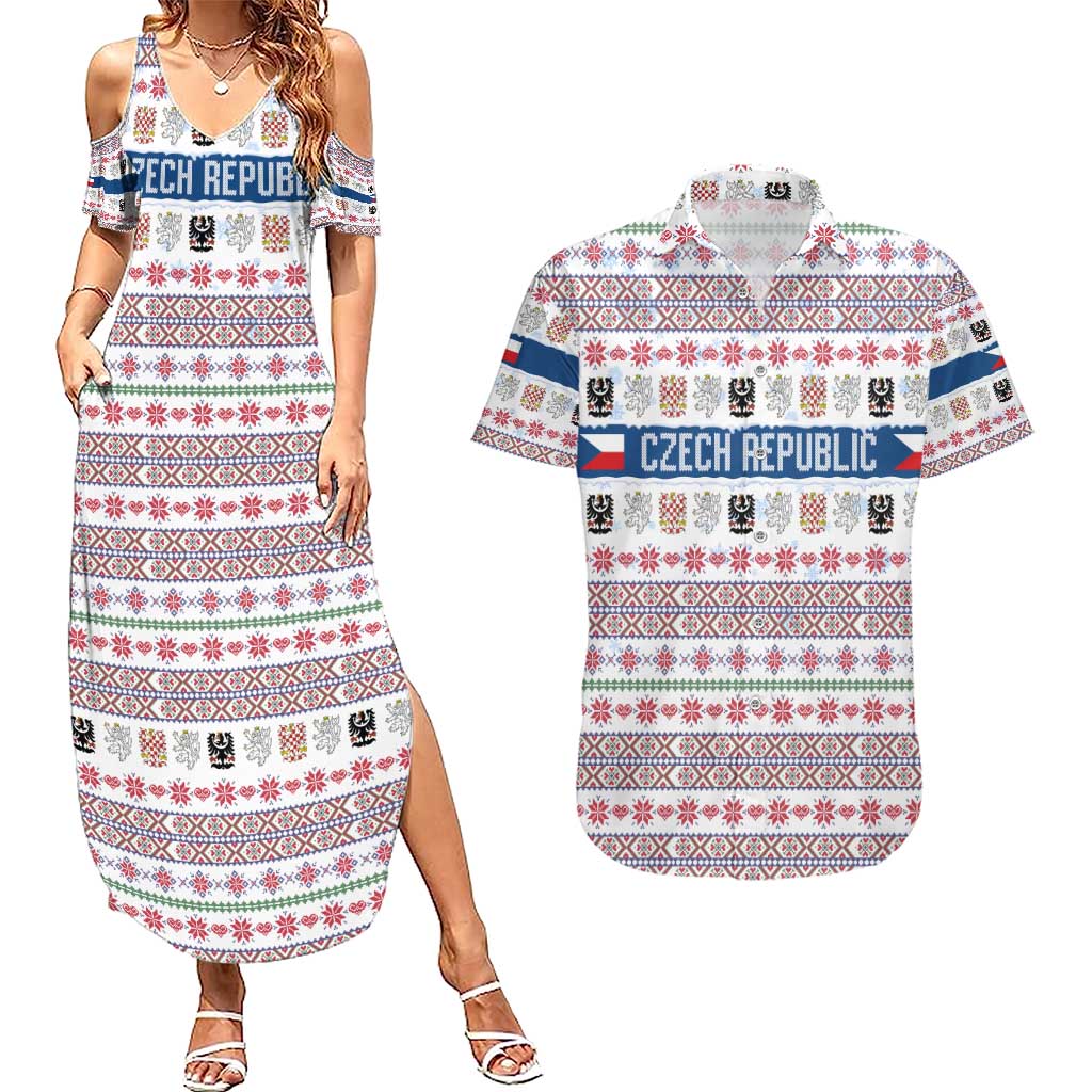 Czech Republic Christmas Couples Matching Summer Maxi Dress and Hawaiian Shirt with Folk Embroidery Design, National Coat of Arms, and Festive Motif - Wonder Print Shop