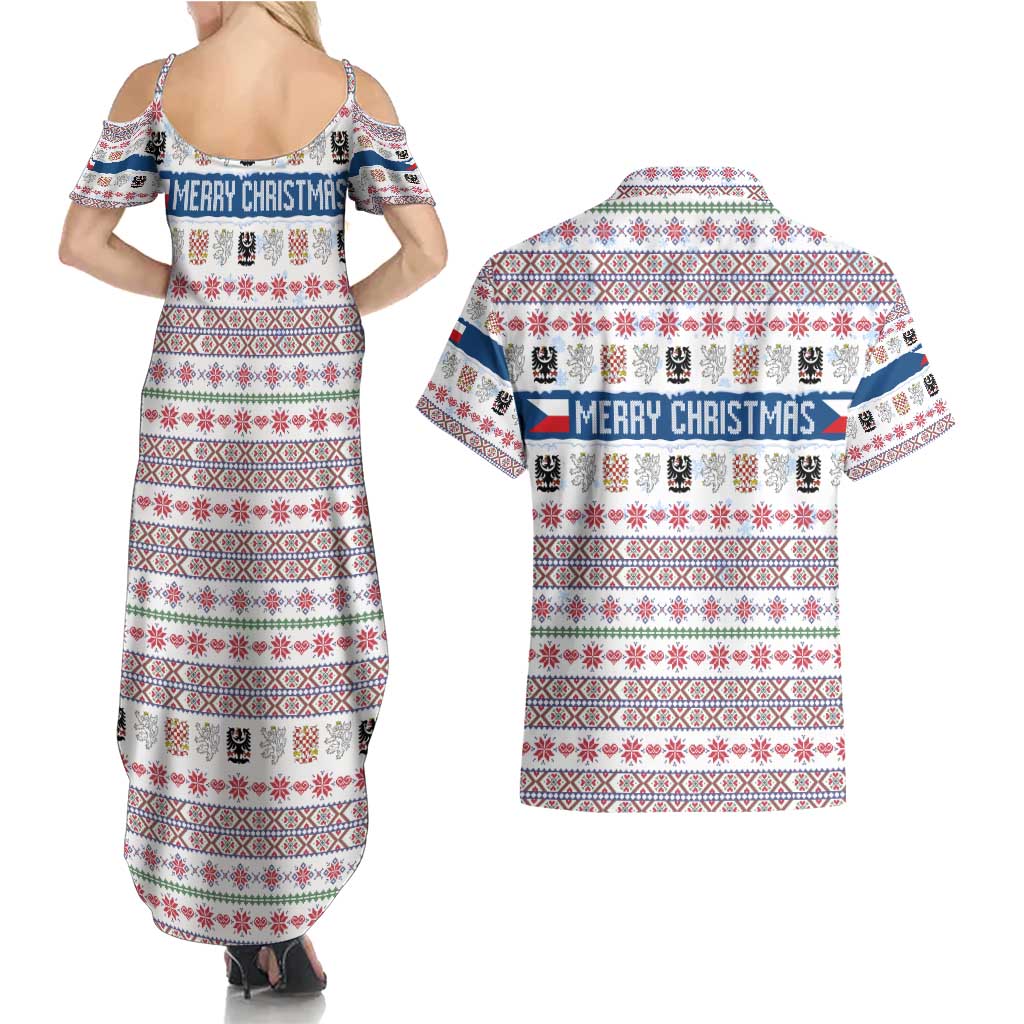 Czech Republic Christmas Couples Matching Summer Maxi Dress and Hawaiian Shirt with Folk Embroidery Design, National Coat of Arms, and Festive Motif - Wonder Print Shop