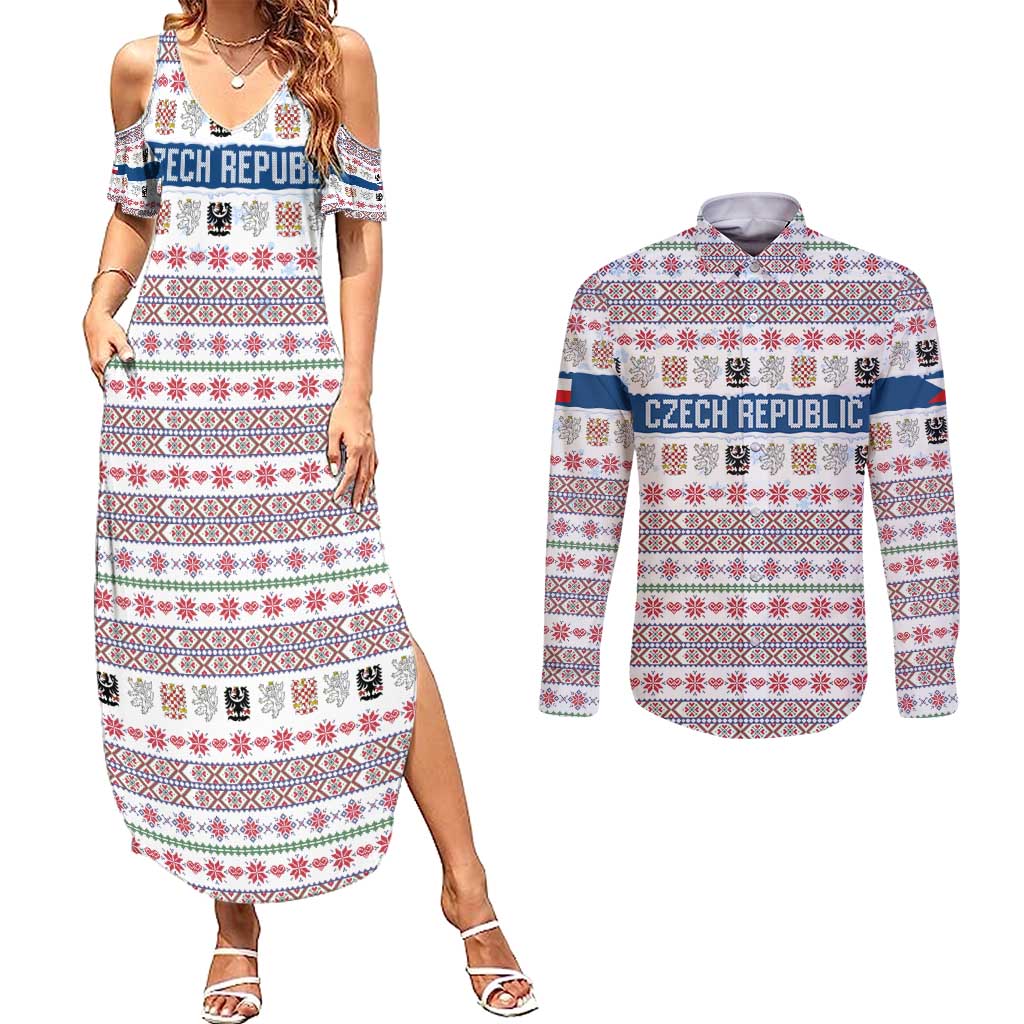 Czech Republic Christmas Couples Matching Summer Maxi Dress and Long Sleeve Button Shirt with Folk Embroidery Design, National Coat of Arms, and Festive Motif - Wonder Print Shop
