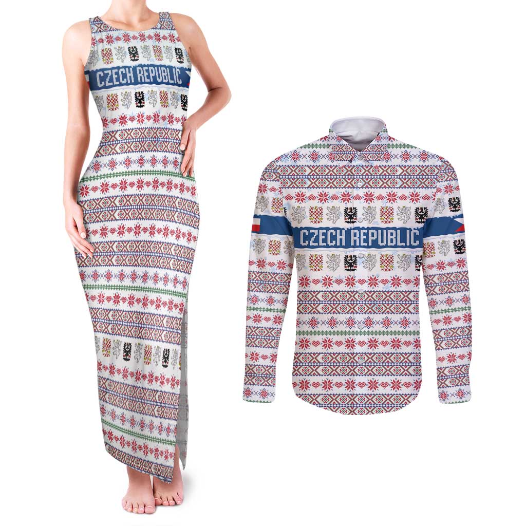 Czech Republic Christmas Couples Matching Tank Maxi Dress and Long Sleeve Button Shirt with Folk Embroidery Design, National Coat of Arms, and Festive Motif - Wonder Print Shop