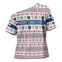 Czech Republic Christmas Cross Shoulder Shirt with Folk Embroidery Design, National Coat of Arms, and Festive Motif - Wonder Print Shop