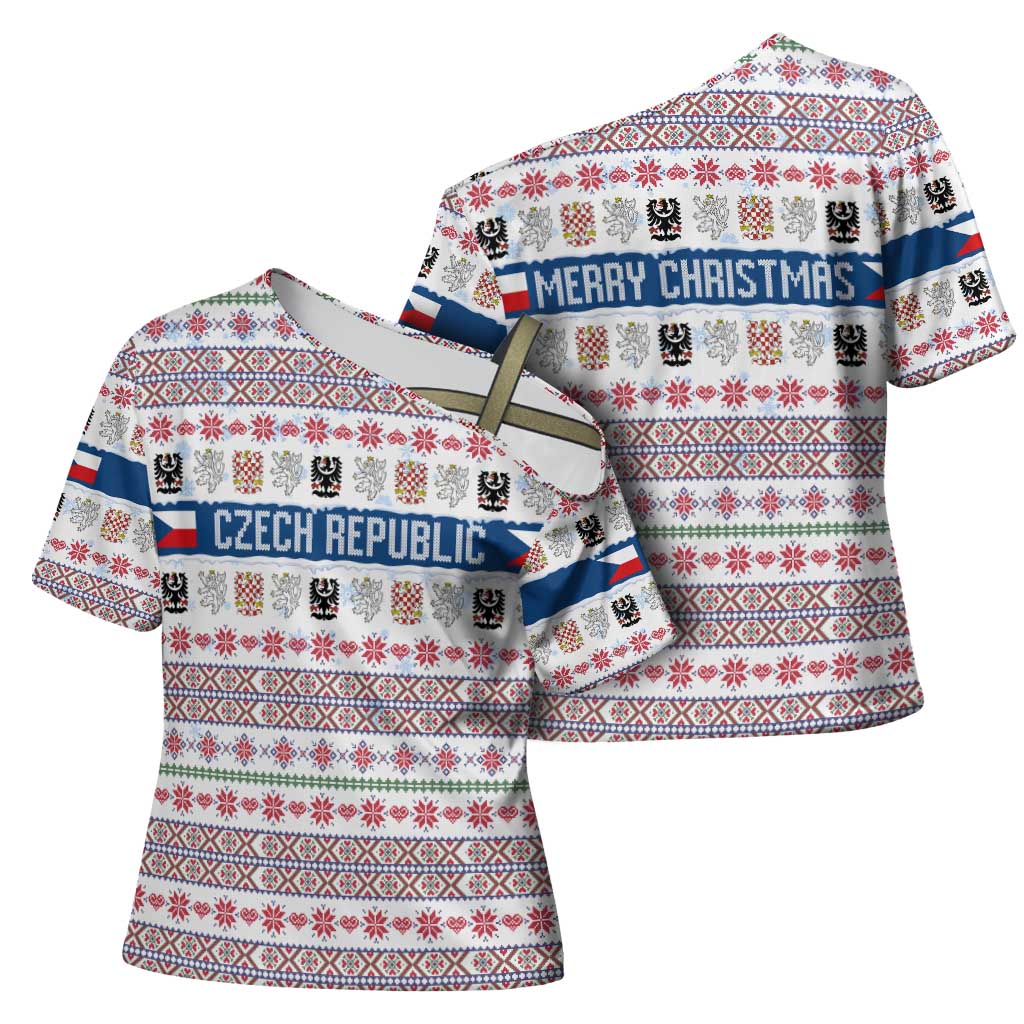 Czech Republic Christmas Cross Shoulder Shirt with Folk Embroidery Design, National Coat of Arms, and Festive Motif - Wonder Print Shop