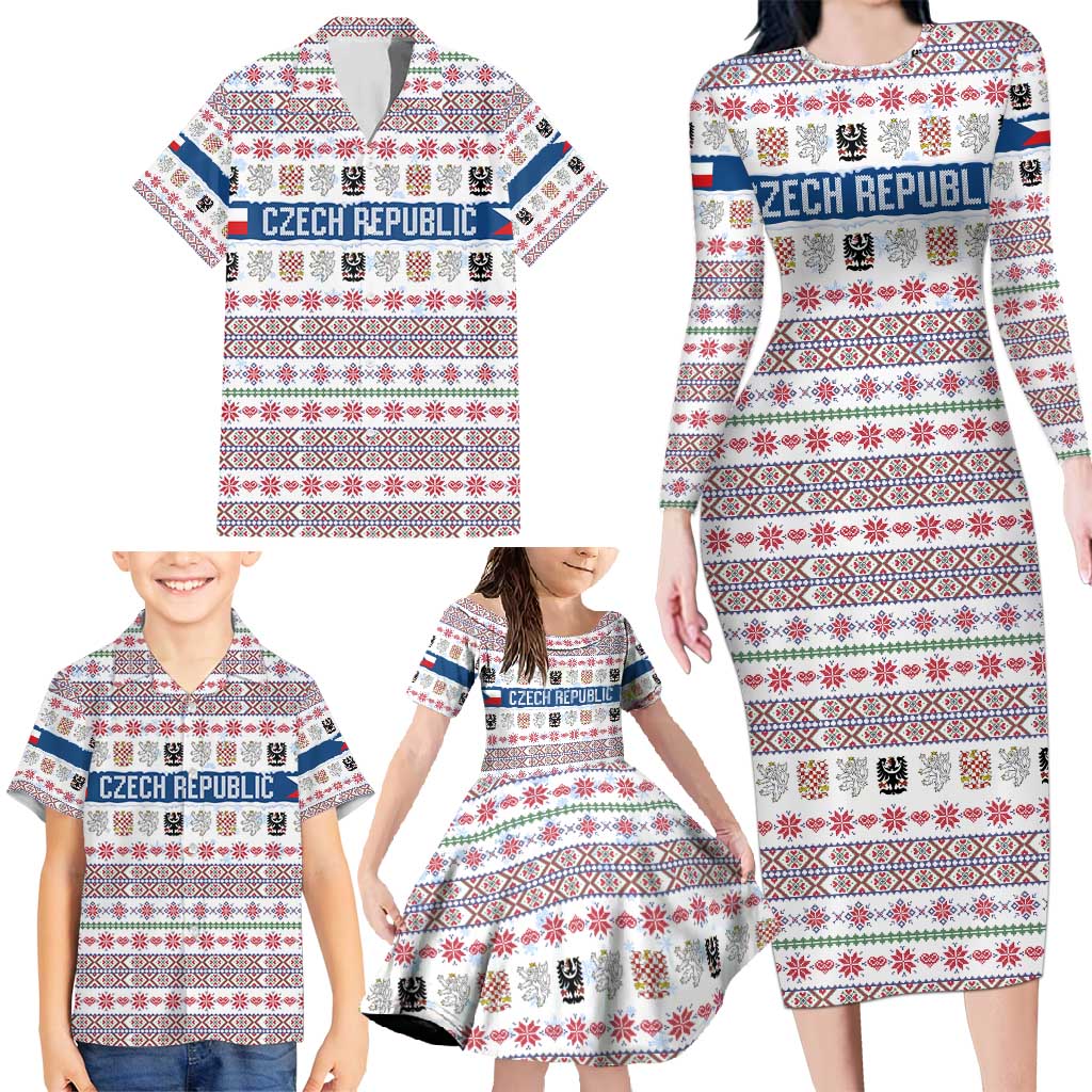 Czech Republic Christmas Family Matching Long Sleeve Bodycon Dress and Hawaiian Shirt with Folk Embroidery Design, National Coat of Arms, and Festive Motif - Wonder Print Shop