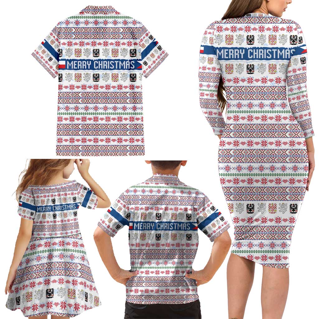 Czech Republic Christmas Family Matching Long Sleeve Bodycon Dress and Hawaiian Shirt with Folk Embroidery Design, National Coat of Arms, and Festive Motif - Wonder Print Shop