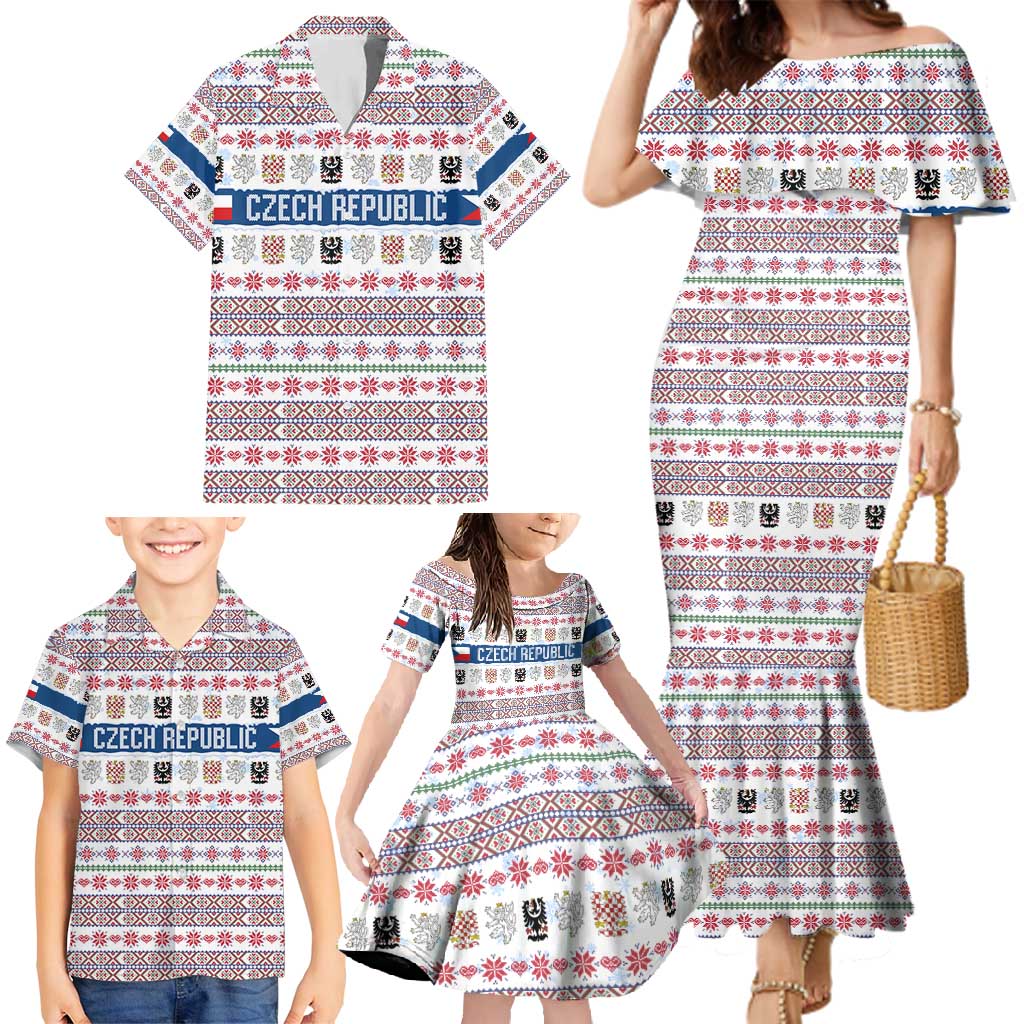 Czech Republic Christmas Family Matching Mermaid Dress and Hawaiian Shirt with Folk Embroidery Design, National Coat of Arms, and Festive Motif - Wonder Print Shop