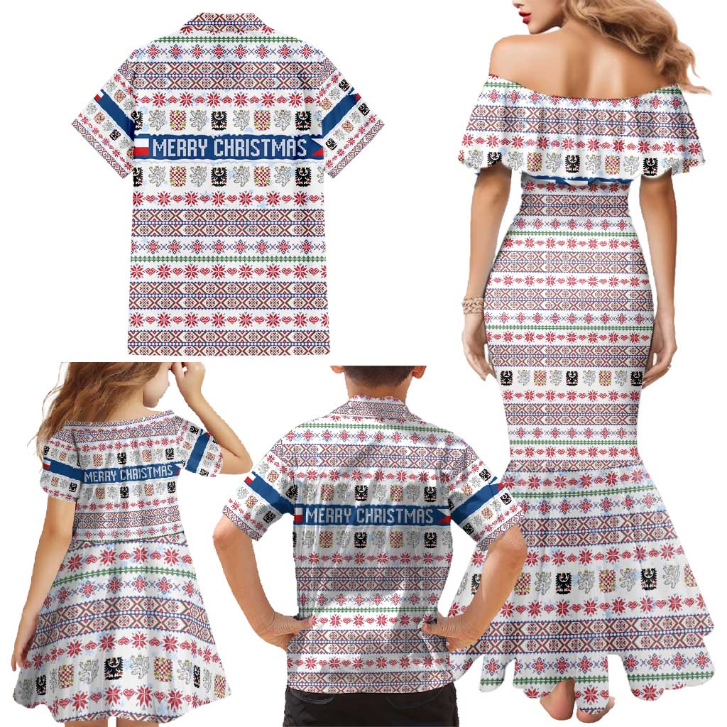 Czech Republic Christmas Family Matching Mermaid Dress and Hawaiian Shirt with Folk Embroidery Design, National Coat of Arms, and Festive Motif - Wonder Print Shop