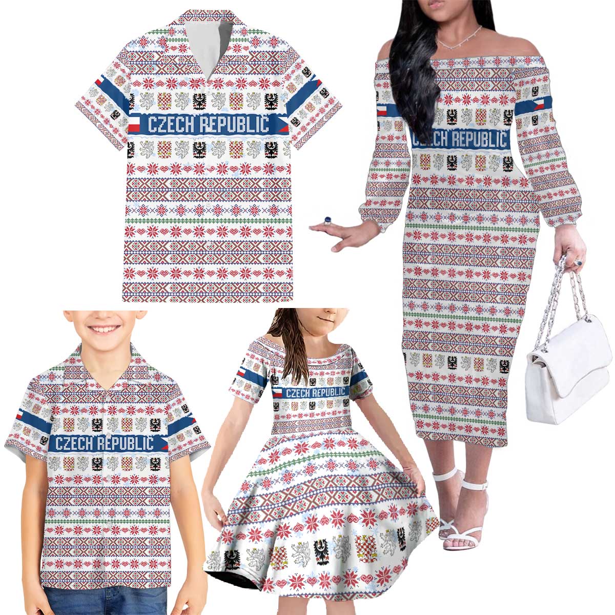 Czech Republic Christmas Family Matching Off The Shoulder Long Sleeve Dress and Hawaiian Shirt with Folk Embroidery Design, National Coat of Arms, and Festive Motif - Wonder Print Shop