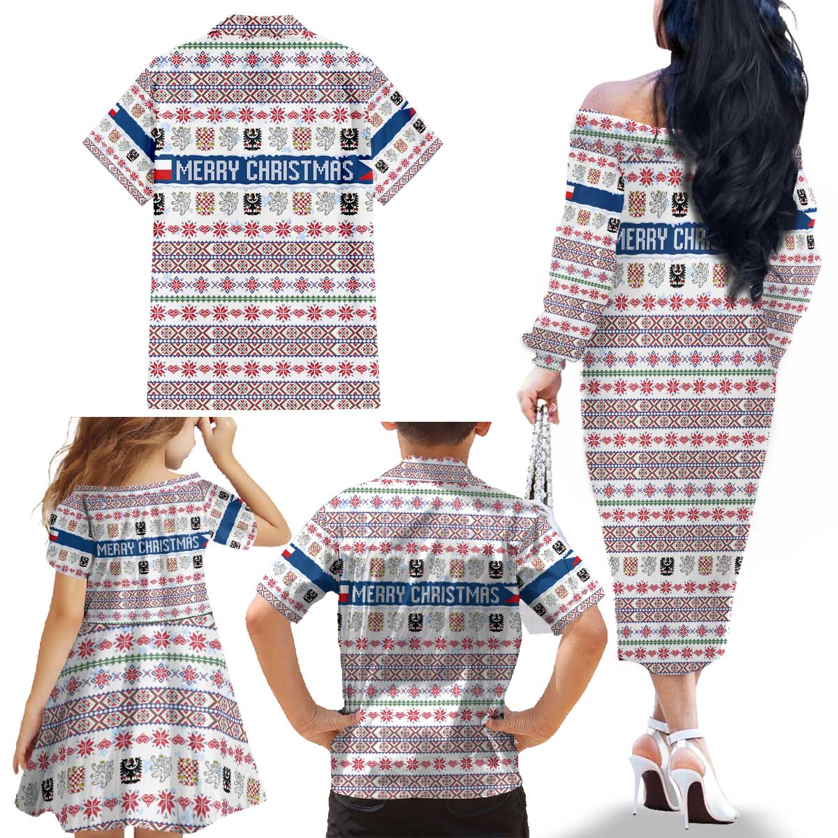 Czech Republic Christmas Family Matching Off The Shoulder Long Sleeve Dress and Hawaiian Shirt with Folk Embroidery Design, National Coat of Arms, and Festive Motif - Wonder Print Shop