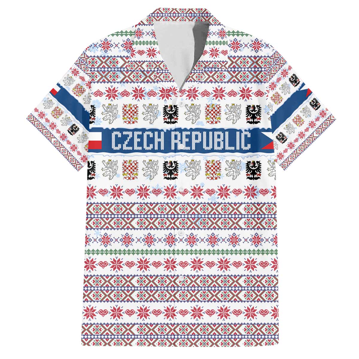 Czech Republic Christmas Family Matching Off The Shoulder Long Sleeve Dress and Hawaiian Shirt with Folk Embroidery Design, National Coat of Arms, and Festive Motif - Wonder Print Shop