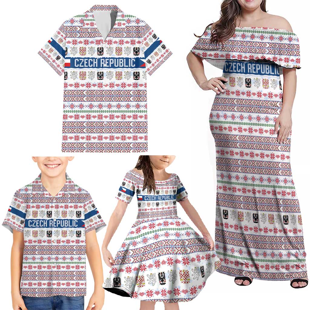 Czech Republic Christmas Family Matching Off Shoulder Maxi Dress and Hawaiian Shirt with Folk Embroidery Design, National Coat of Arms, and Festive Motif - Wonder Print Shop