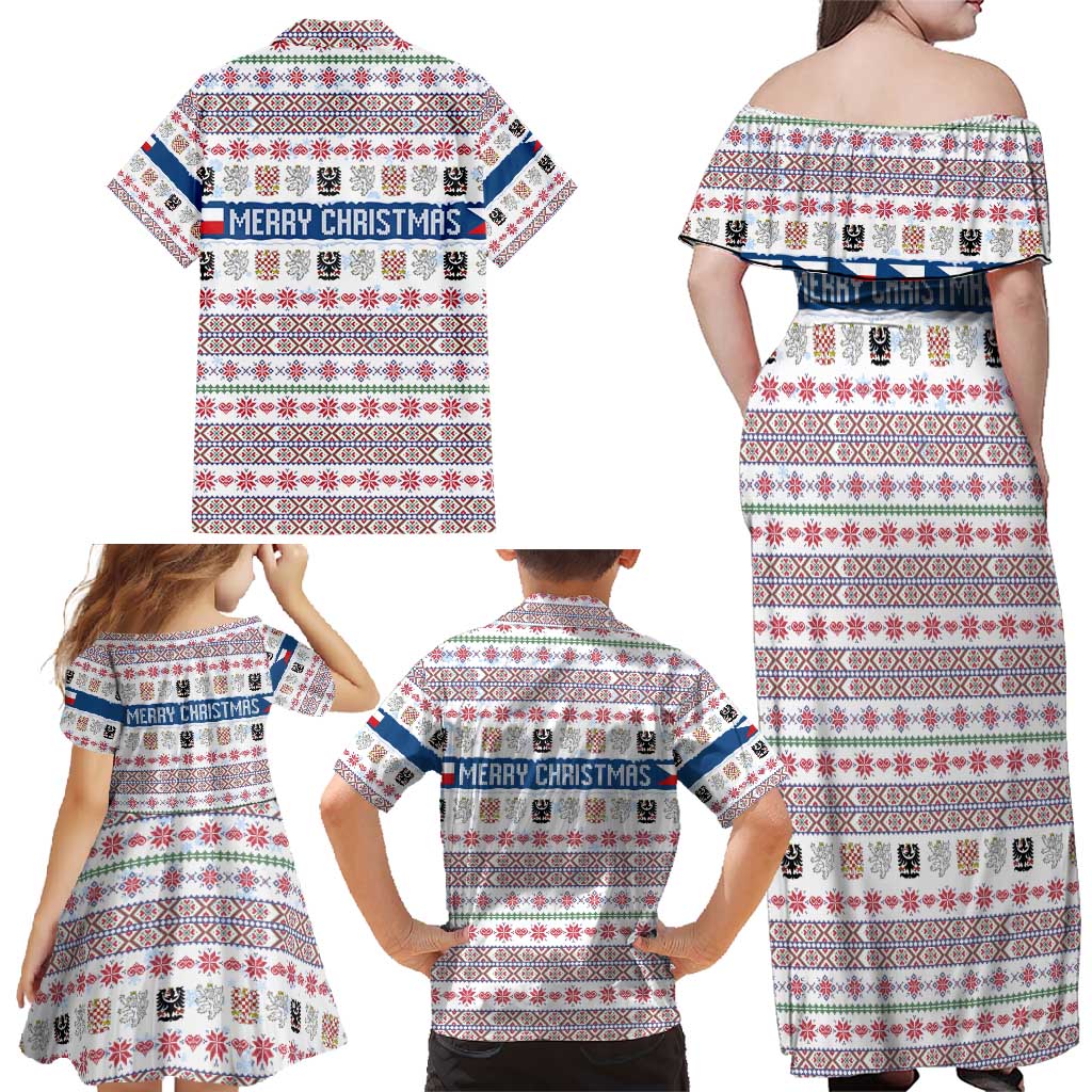 Czech Republic Christmas Family Matching Off Shoulder Maxi Dress and Hawaiian Shirt with Folk Embroidery Design, National Coat of Arms, and Festive Motif - Wonder Print Shop