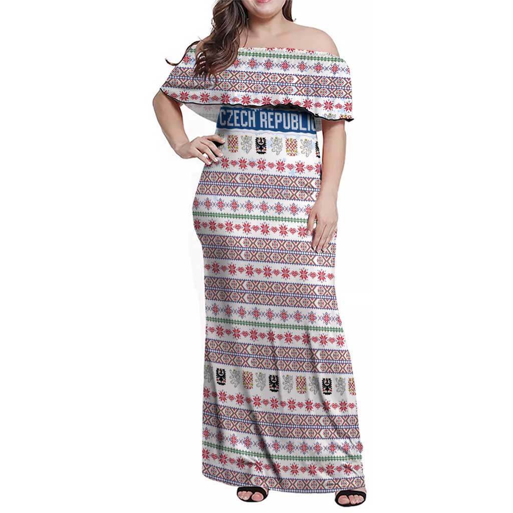 Czech Republic Christmas Family Matching Off Shoulder Maxi Dress and Hawaiian Shirt with Folk Embroidery Design, National Coat of Arms, and Festive Motif - Wonder Print Shop