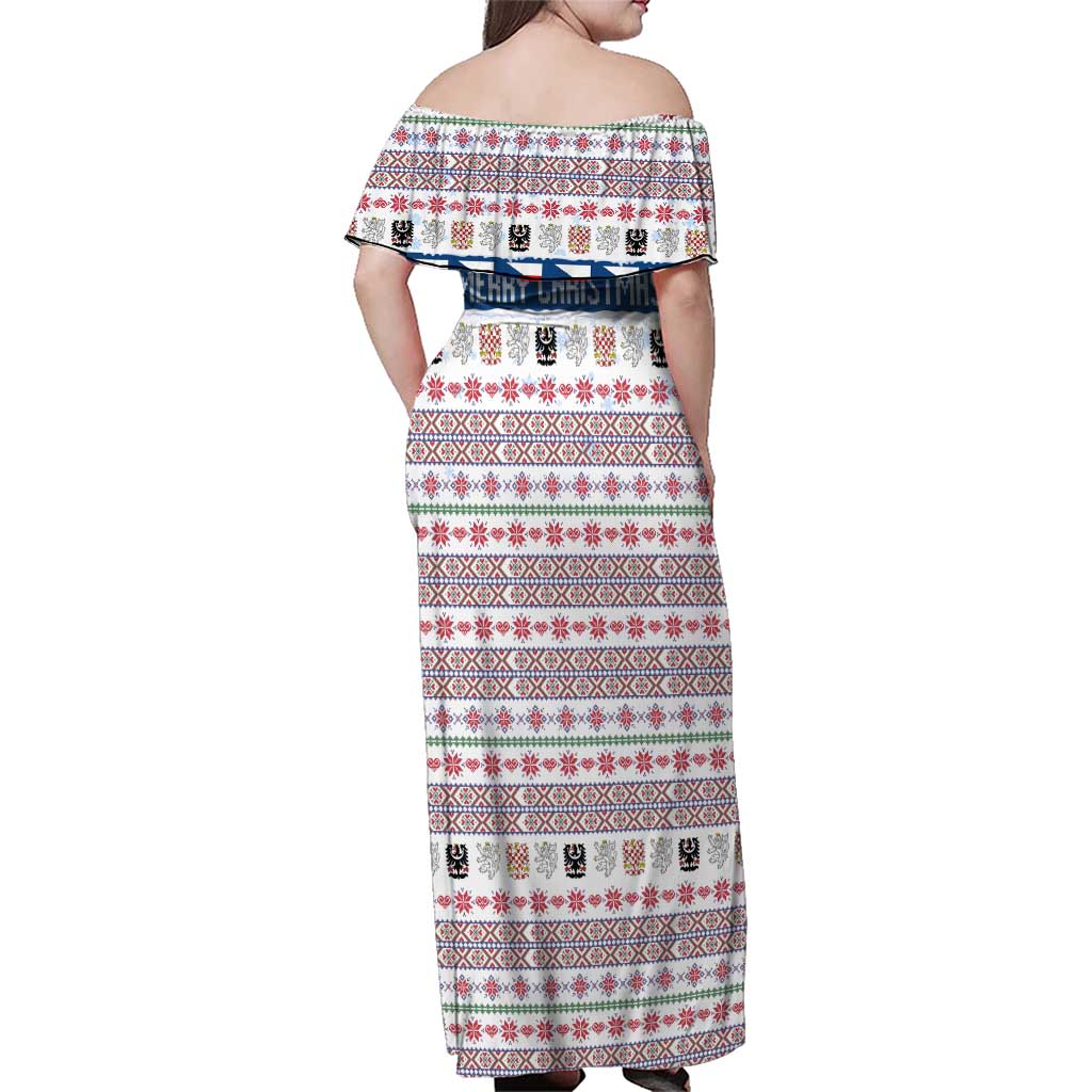 Czech Republic Christmas Family Matching Off Shoulder Maxi Dress and Hawaiian Shirt with Folk Embroidery Design, National Coat of Arms, and Festive Motif - Wonder Print Shop