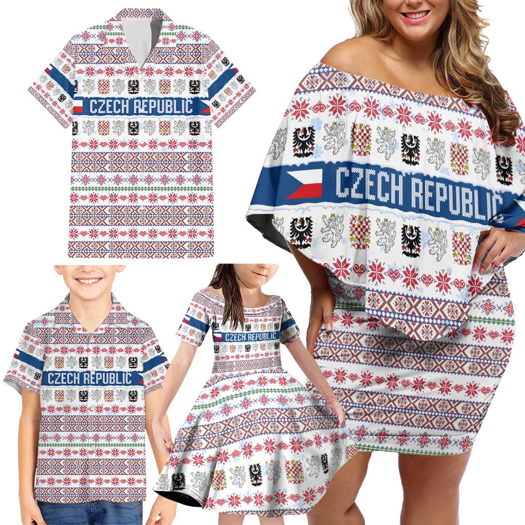 Czech Republic Christmas Family Matching Off Shoulder Short Dress and Hawaiian Shirt with Folk Embroidery Design, National Coat of Arms, and Festive Motif - Wonder Print Shop