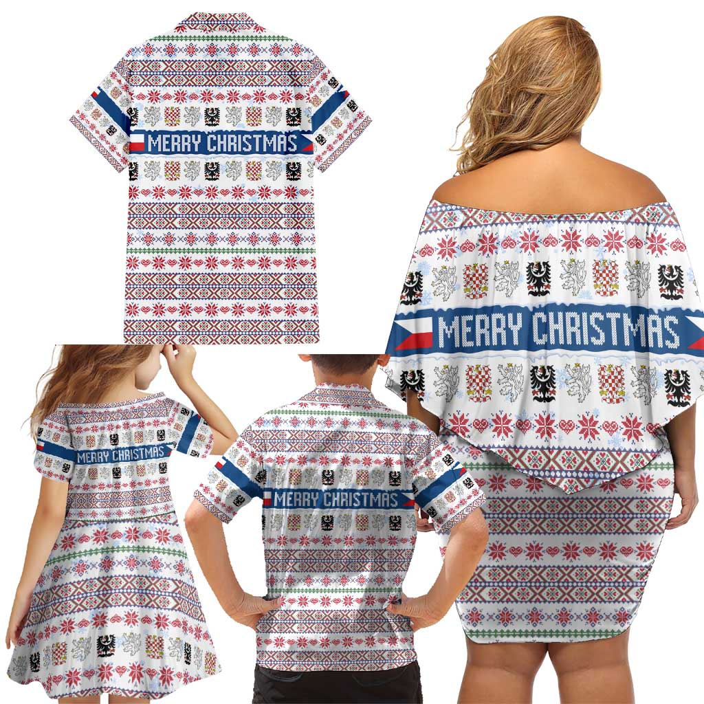 Czech Republic Christmas Family Matching Off Shoulder Short Dress and Hawaiian Shirt with Folk Embroidery Design, National Coat of Arms, and Festive Motif - Wonder Print Shop