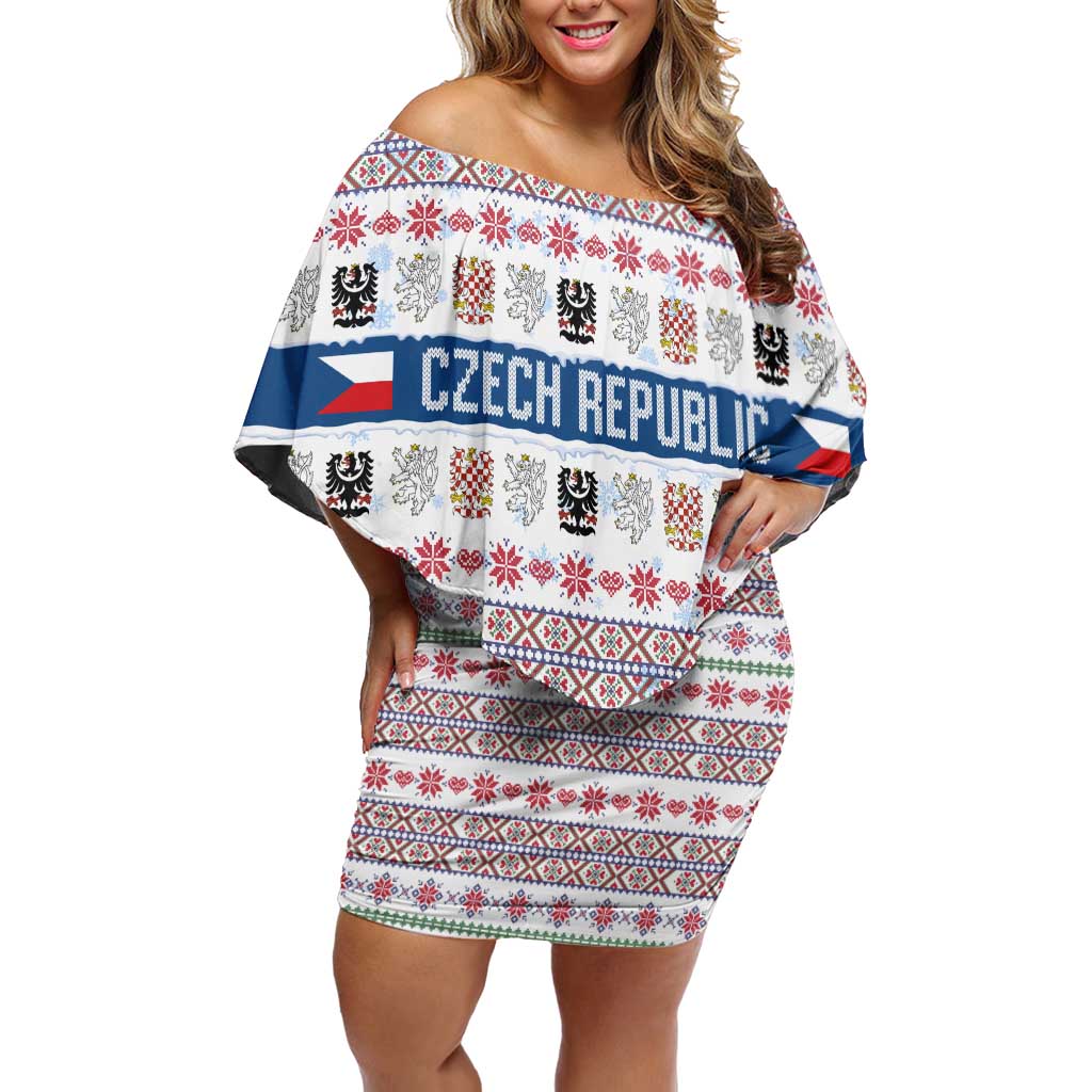 Czech Republic Christmas Family Matching Off Shoulder Short Dress and Hawaiian Shirt with Folk Embroidery Design, National Coat of Arms, and Festive Motif - Wonder Print Shop