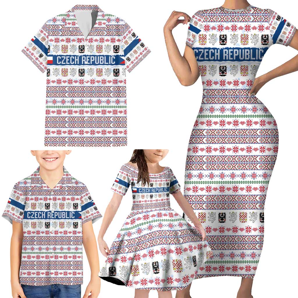 Czech Republic Christmas Family Matching Short Sleeve Bodycon Dress and Hawaiian Shirt with Folk Embroidery Design, National Coat of Arms, and Festive Motif - Wonder Print Shop