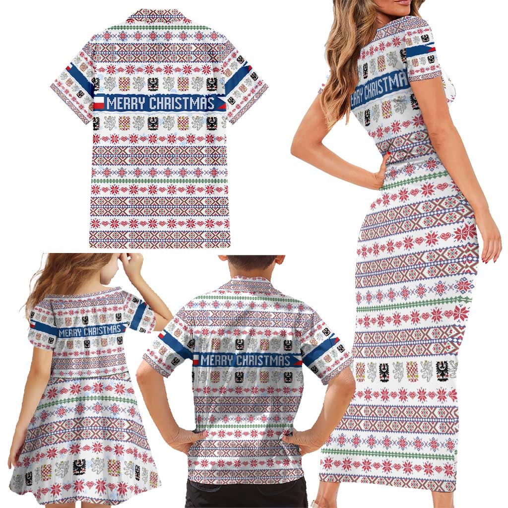 Czech Republic Christmas Family Matching Short Sleeve Bodycon Dress and Hawaiian Shirt with Folk Embroidery Design, National Coat of Arms, and Festive Motif - Wonder Print Shop