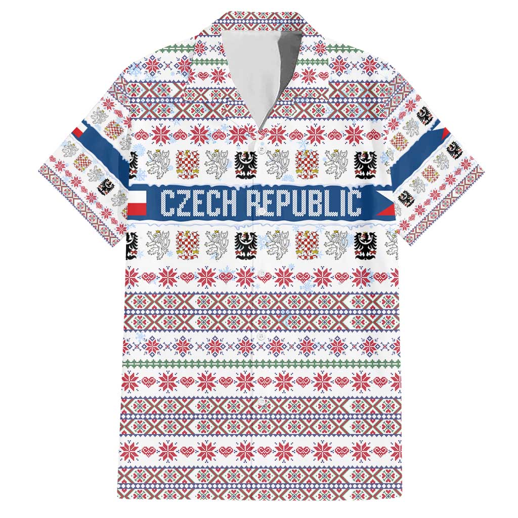 Czech Republic Christmas Family Matching Short Sleeve Bodycon Dress and Hawaiian Shirt with Folk Embroidery Design, National Coat of Arms, and Festive Motif - Wonder Print Shop