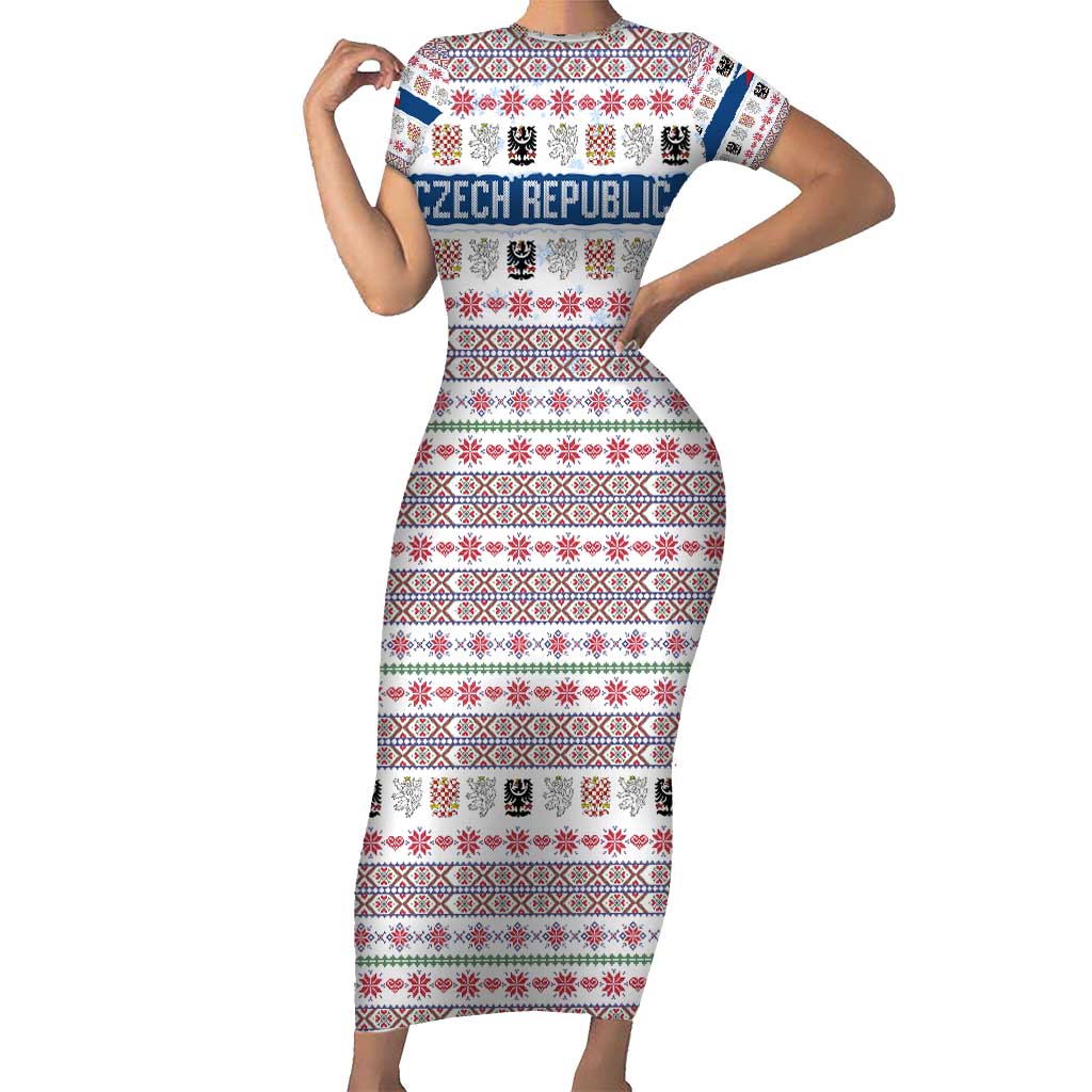 Czech Republic Christmas Family Matching Short Sleeve Bodycon Dress and Hawaiian Shirt with Folk Embroidery Design, National Coat of Arms, and Festive Motif - Wonder Print Shop