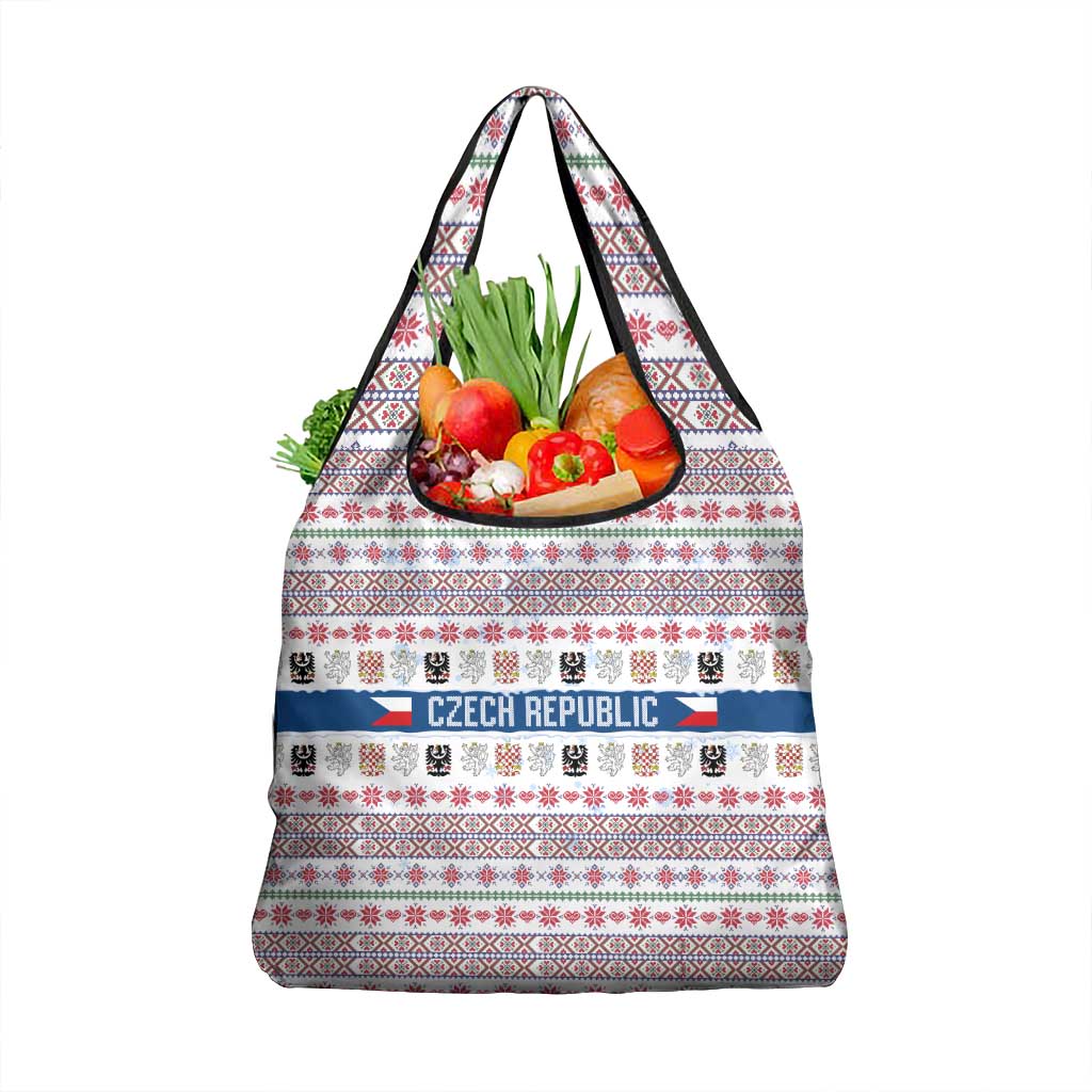 Czech Republic Christmas Grocery Bag with Folk Embroidery Design, National Coat of Arms, and Festive Motif - Wonder Print Shop
