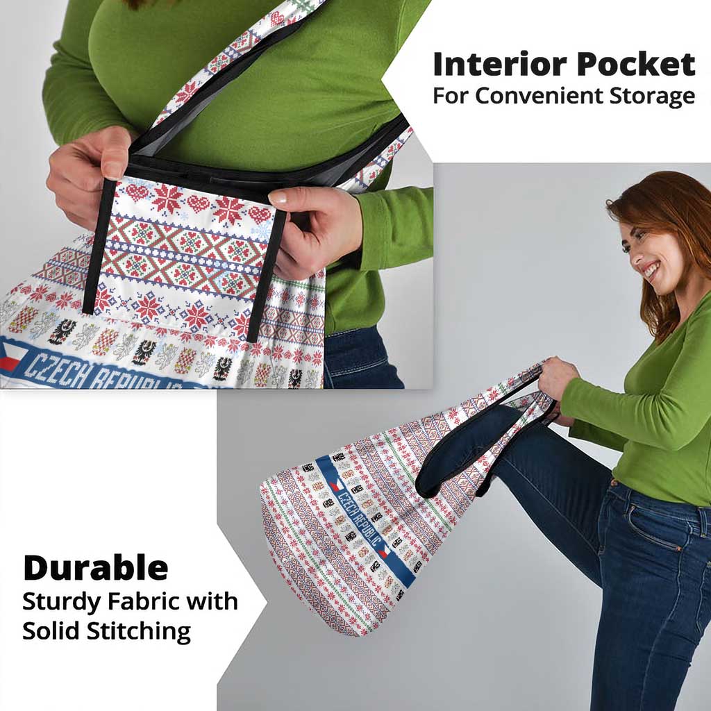 Czech Republic Christmas Grocery Bag with Folk Embroidery Design, National Coat of Arms, and Festive Motif - Wonder Print Shop