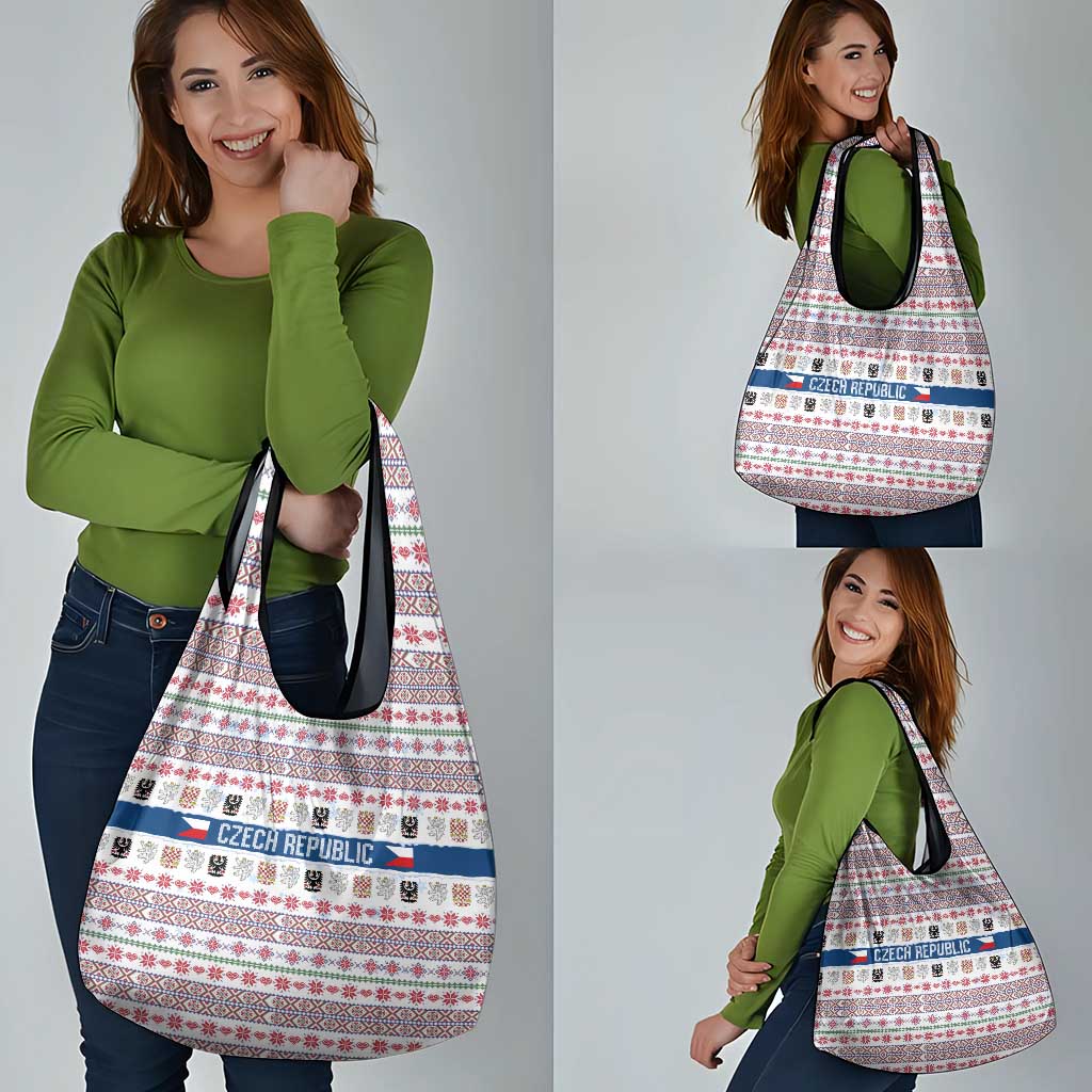 Czech Republic Christmas Grocery Bag with Folk Embroidery Design, National Coat of Arms, and Festive Motif - Wonder Print Shop