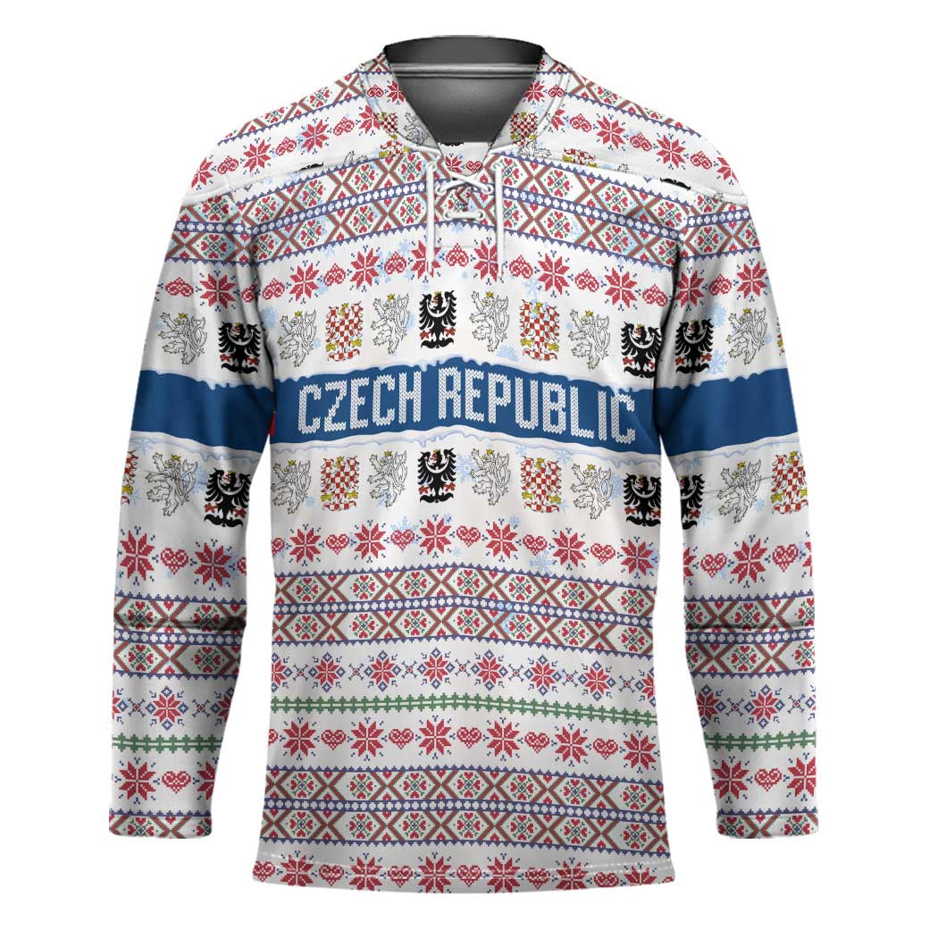 Czech Republic Christmas Hockey Jersey with Folk Embroidery Design, National Coat of Arms, and Festive Motif - Wonder Print Shop