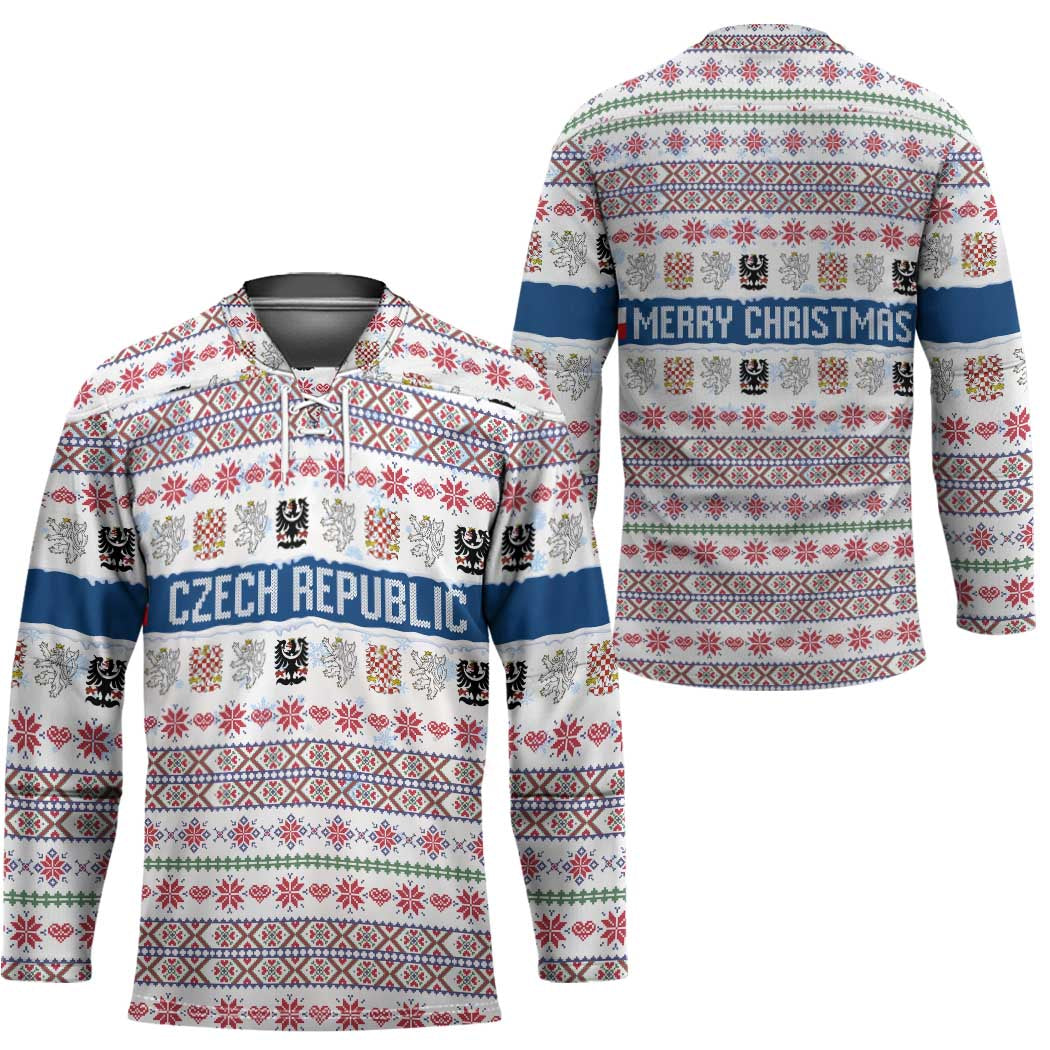 Czech Republic Christmas Hockey Jersey with Folk Embroidery Design, National Coat of Arms, and Festive Motif - Wonder Print Shop
