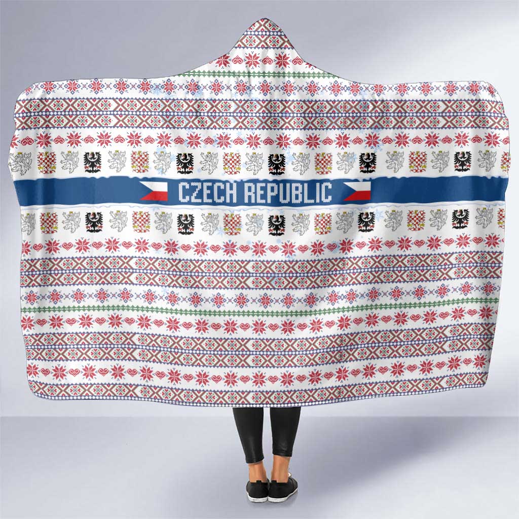 Czech Republic Christmas Hooded Blanket with Folk Embroidery Design, National Coat of Arms, and Festive Motif - Wonder Print Shop