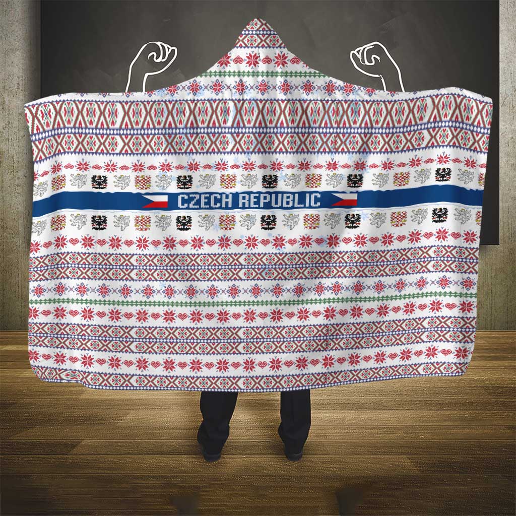 Czech Republic Christmas Hooded Blanket with Folk Embroidery Design, National Coat of Arms, and Festive Motif - Wonder Print Shop