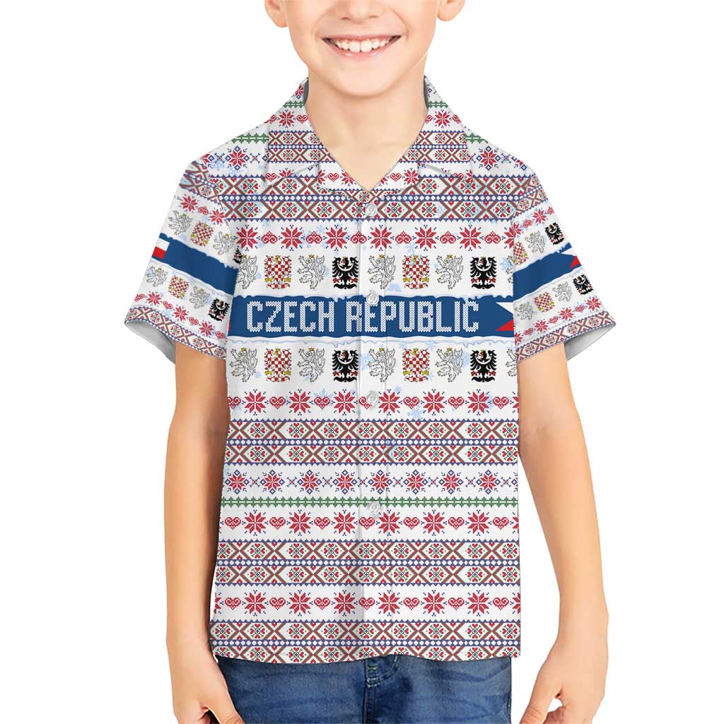 Czech Republic Christmas Kid Hawaiian Shirt with Folk Embroidery Design, National Coat of Arms, and Festive Motif - Wonder Print Shop