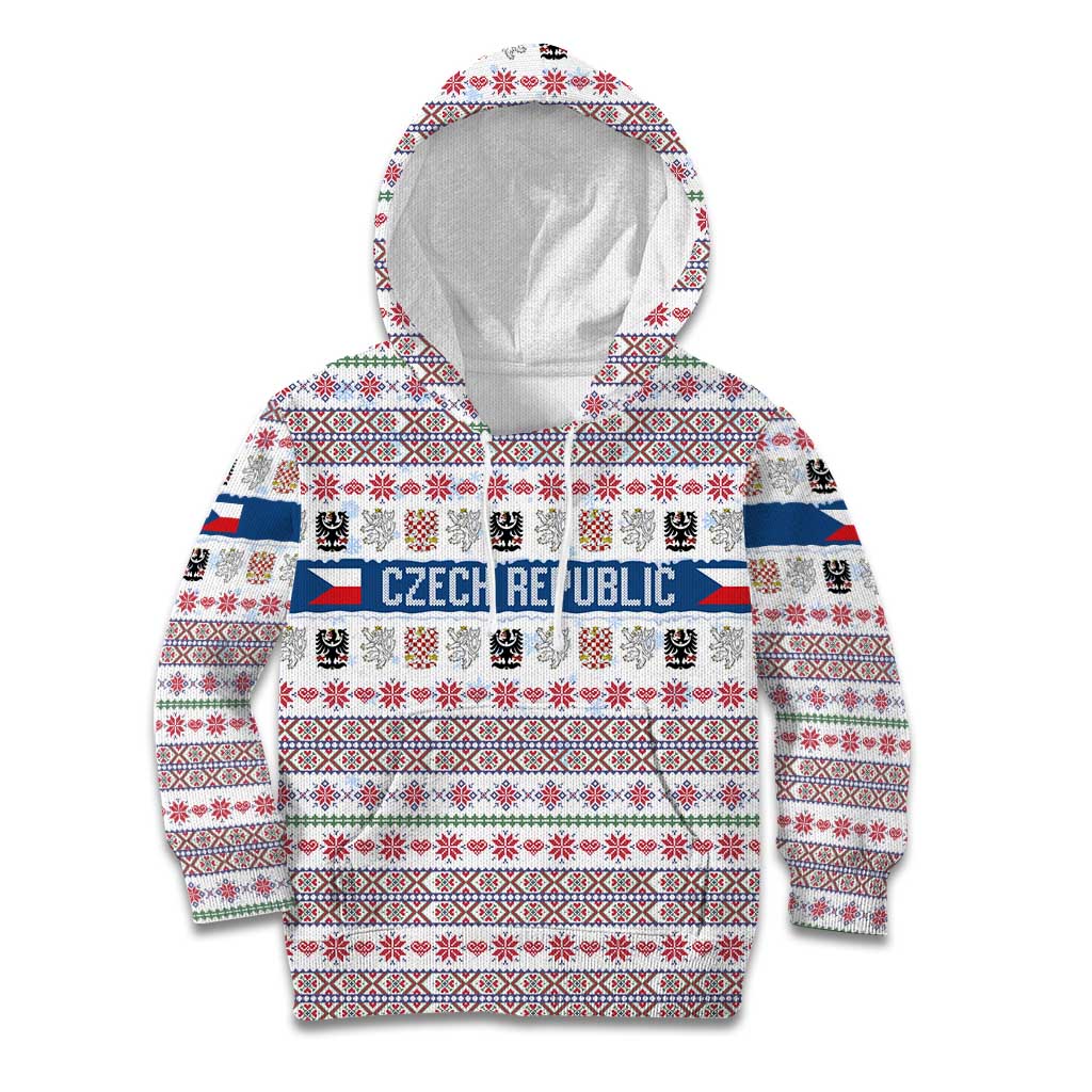 Czech Republic Christmas Kid Hoodie with Folk Embroidery Design, National Coat of Arms, and Festive Motif - Wonder Print Shop