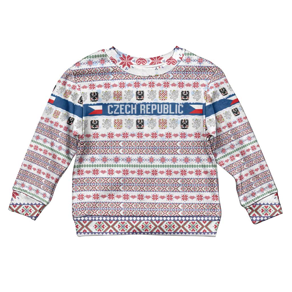 Czech Republic Christmas Kid Ugly Christmas Sweater with Folk Embroidery Design, National Coat of Arms, and Festive Motif - Wonder Print Shop