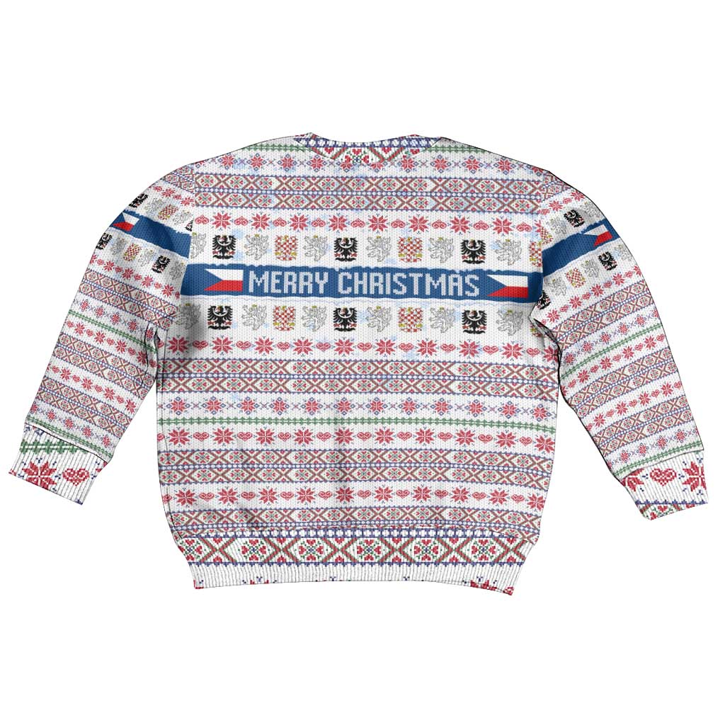 Czech Republic Christmas Kid Ugly Christmas Sweater with Folk Embroidery Design, National Coat of Arms, and Festive Motif - Wonder Print Shop
