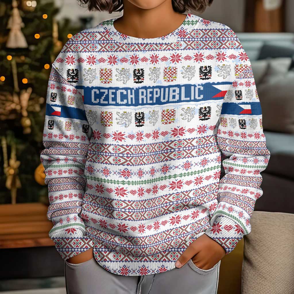 Czech Republic Christmas Kid Ugly Christmas Sweater with Folk Embroidery Design, National Coat of Arms, and Festive Motif - Wonder Print Shop