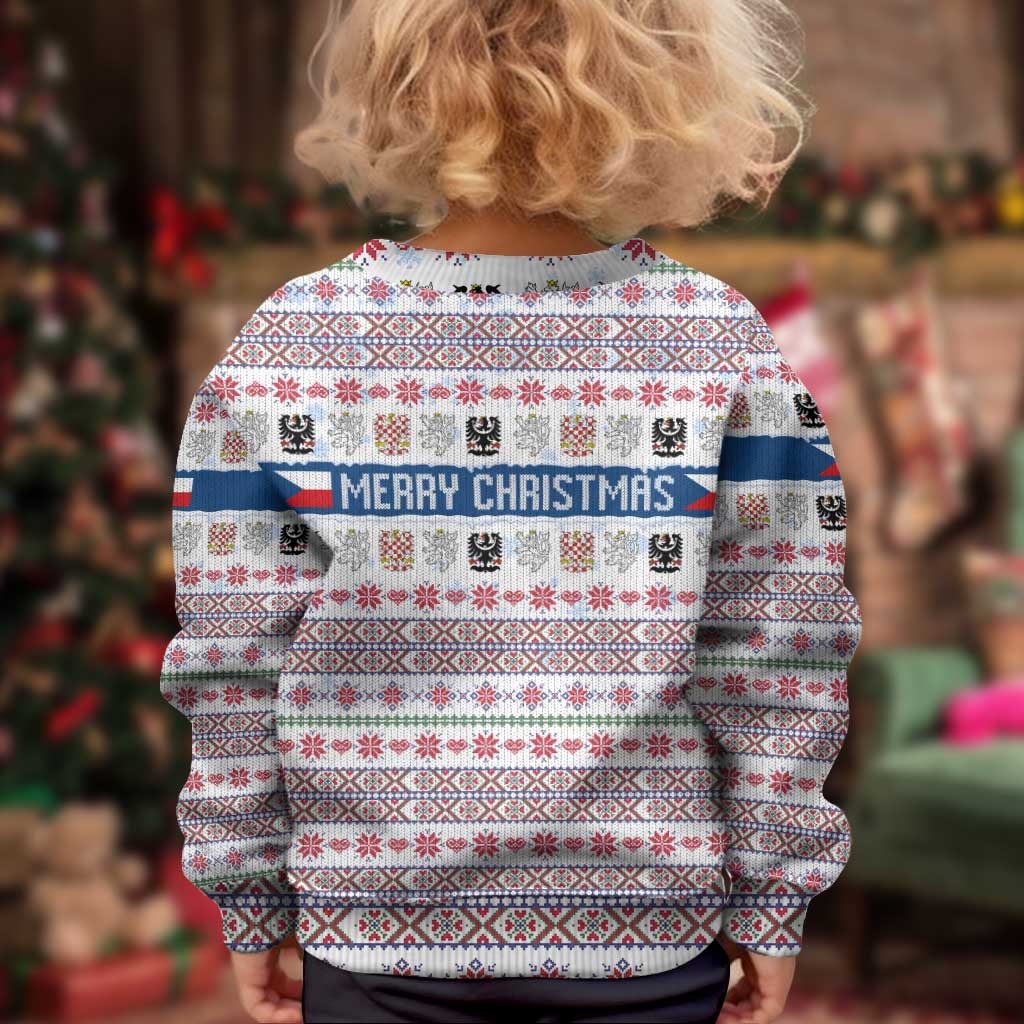 Czech Republic Christmas Kid Ugly Christmas Sweater with Folk Embroidery Design, National Coat of Arms, and Festive Motif - Wonder Print Shop