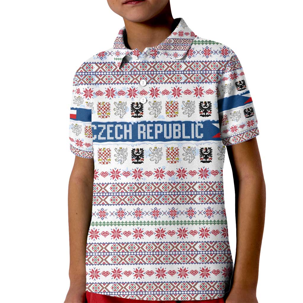 Czech Republic Christmas Kid Polo Shirt with Folk Embroidery Design, National Coat of Arms, and Festive Motif - Wonder Print Shop