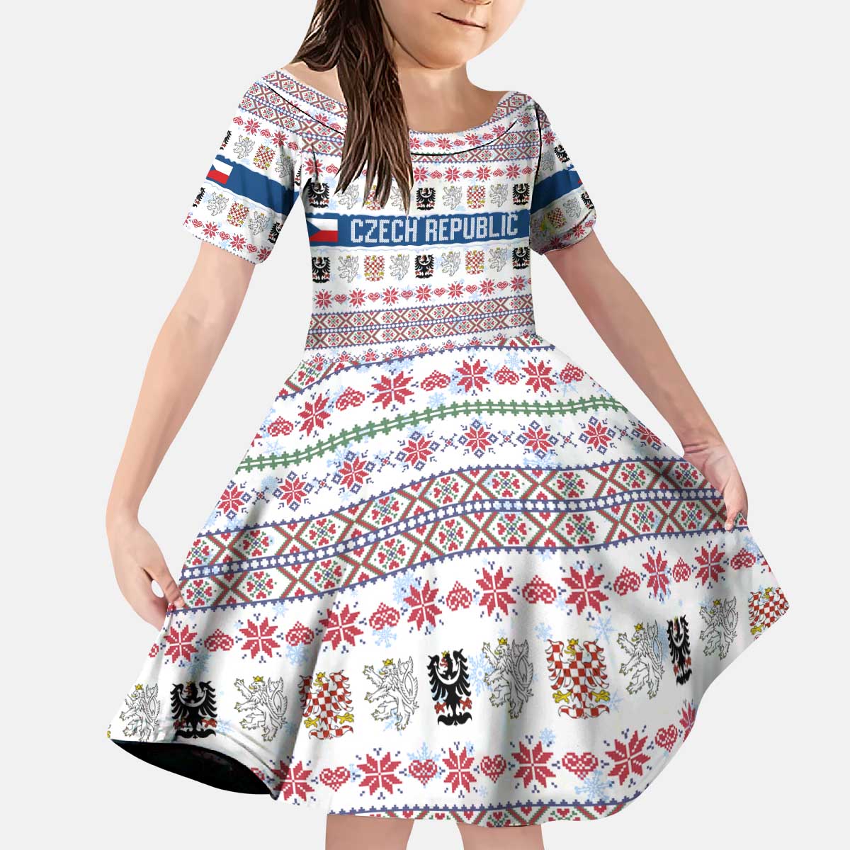 Czech Republic Christmas Kid Short Sleeve Dress with Folk Embroidery Design, National Coat of Arms, and Festive Motif - Wonder Print Shop