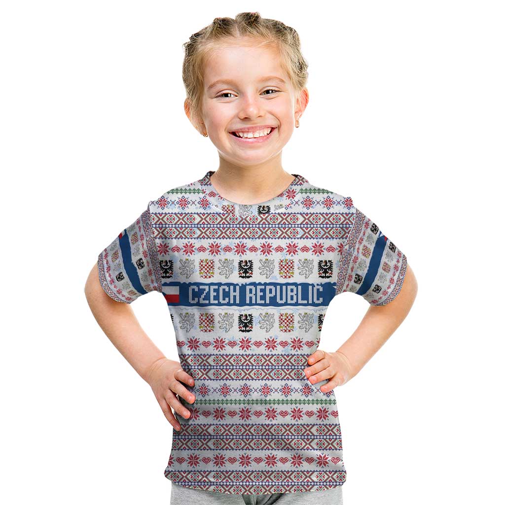 Czech Republic Christmas Kid T Shirt with Folk Embroidery Design, National Coat of Arms, and Festive Motif - Wonder Print Shop