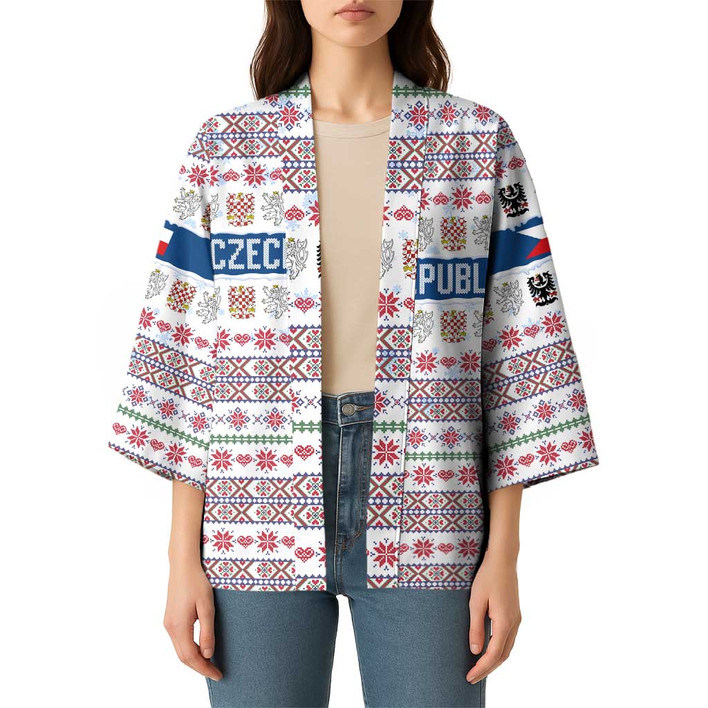 Czech Republic Christmas Kimono with Folk Embroidery Design, National Coat of Arms, and Festive Motif - Wonder Print Shop