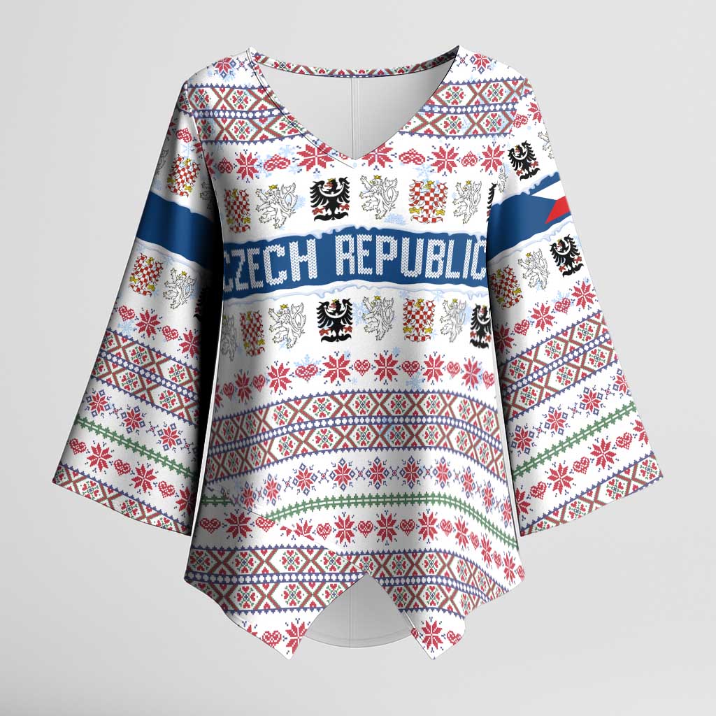 Czech Republic Christmas Kimono Sleeve Blouse with Folk Embroidery Design, National Coat of Arms, and Festive Motif - Wonder Print Shop