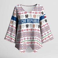Czech Republic Christmas Kimono Sleeve Blouse with Folk Embroidery Design, National Coat of Arms, and Festive Motif - Wonder Print Shop