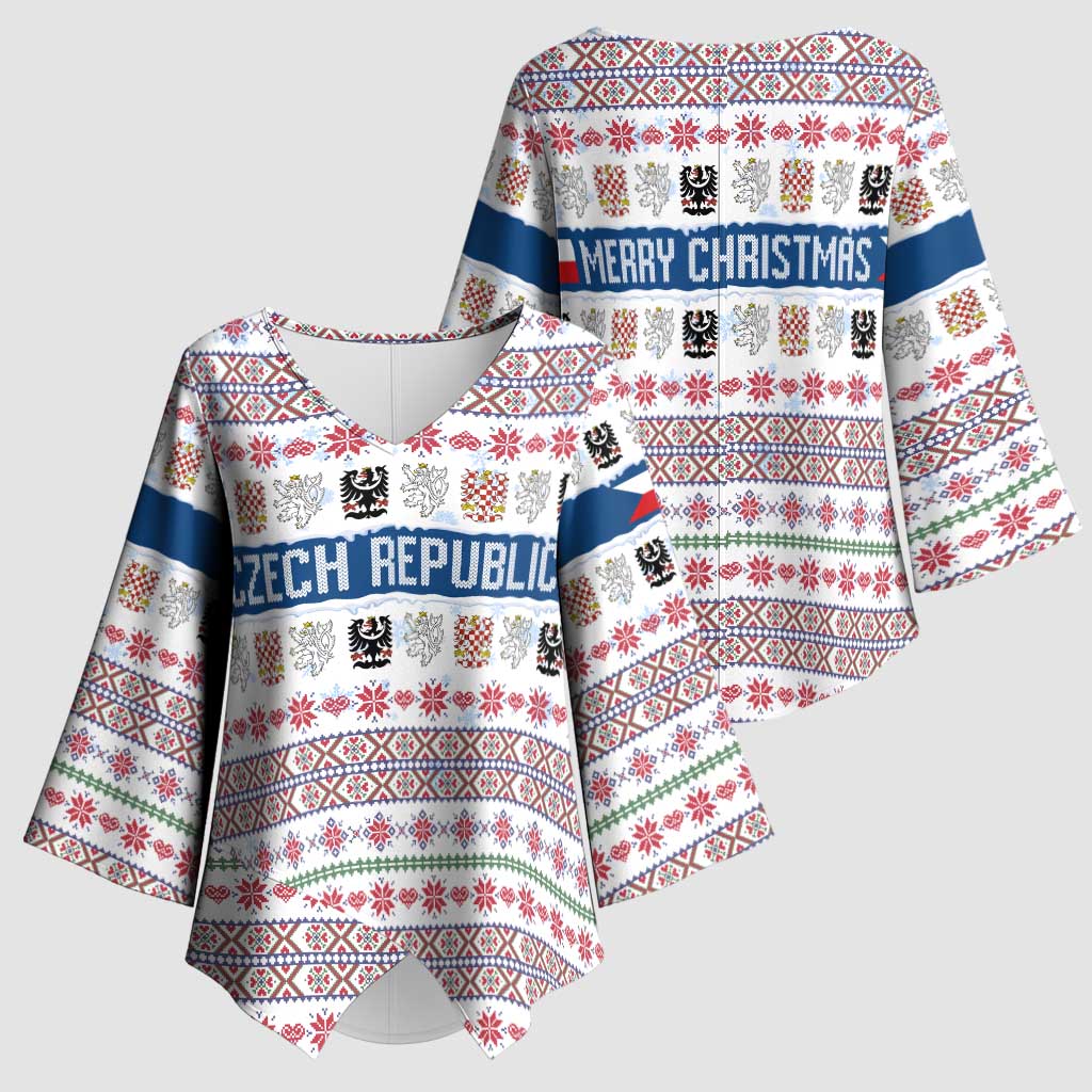 Czech Republic Christmas Kimono Sleeve Blouse with Folk Embroidery Design, National Coat of Arms, and Festive Motif - Wonder Print Shop