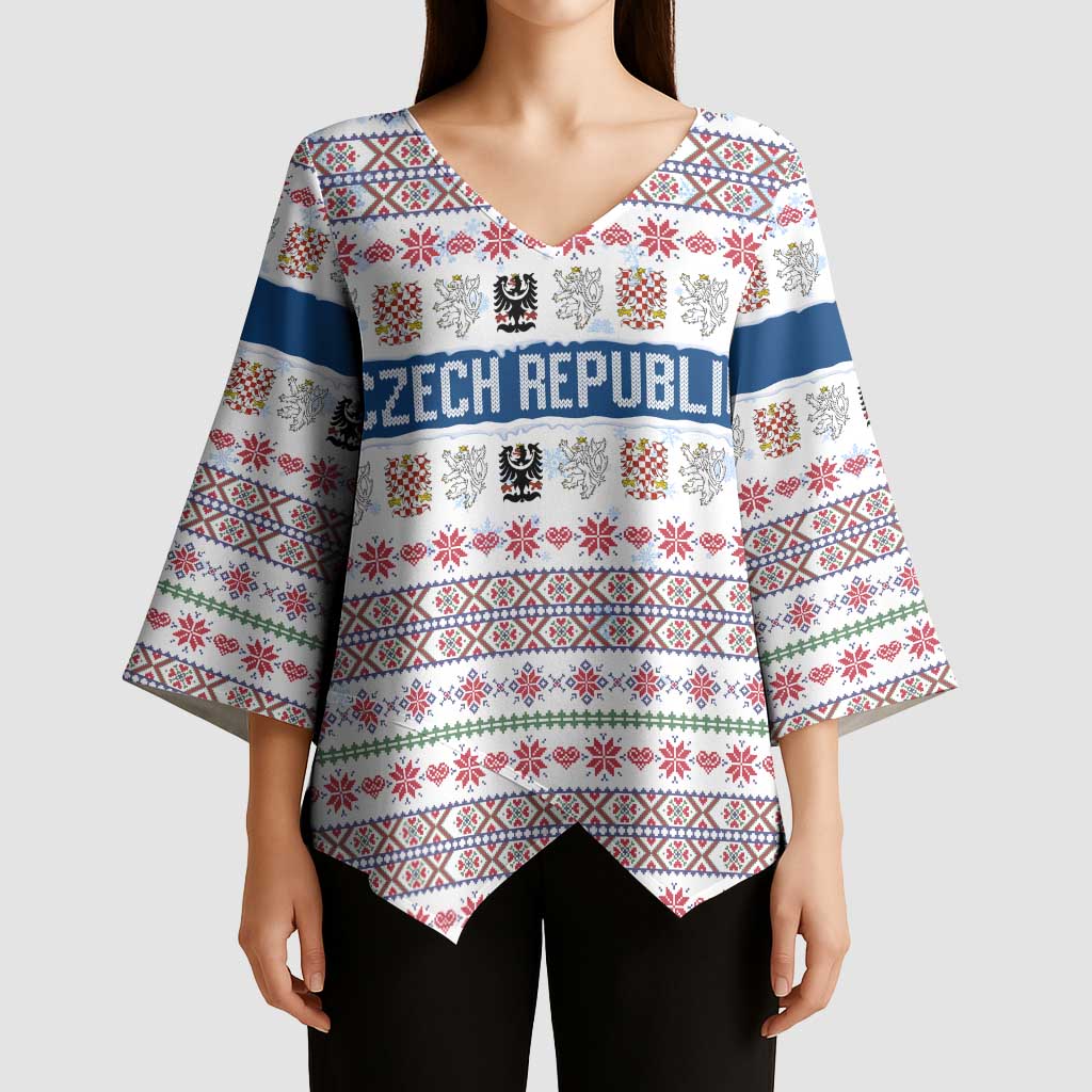 Czech Republic Christmas Kimono Sleeve Blouse with Folk Embroidery Design, National Coat of Arms, and Festive Motif - Wonder Print Shop