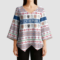 Czech Republic Christmas Kimono Sleeve Blouse with Folk Embroidery Design, National Coat of Arms, and Festive Motif - Wonder Print Shop