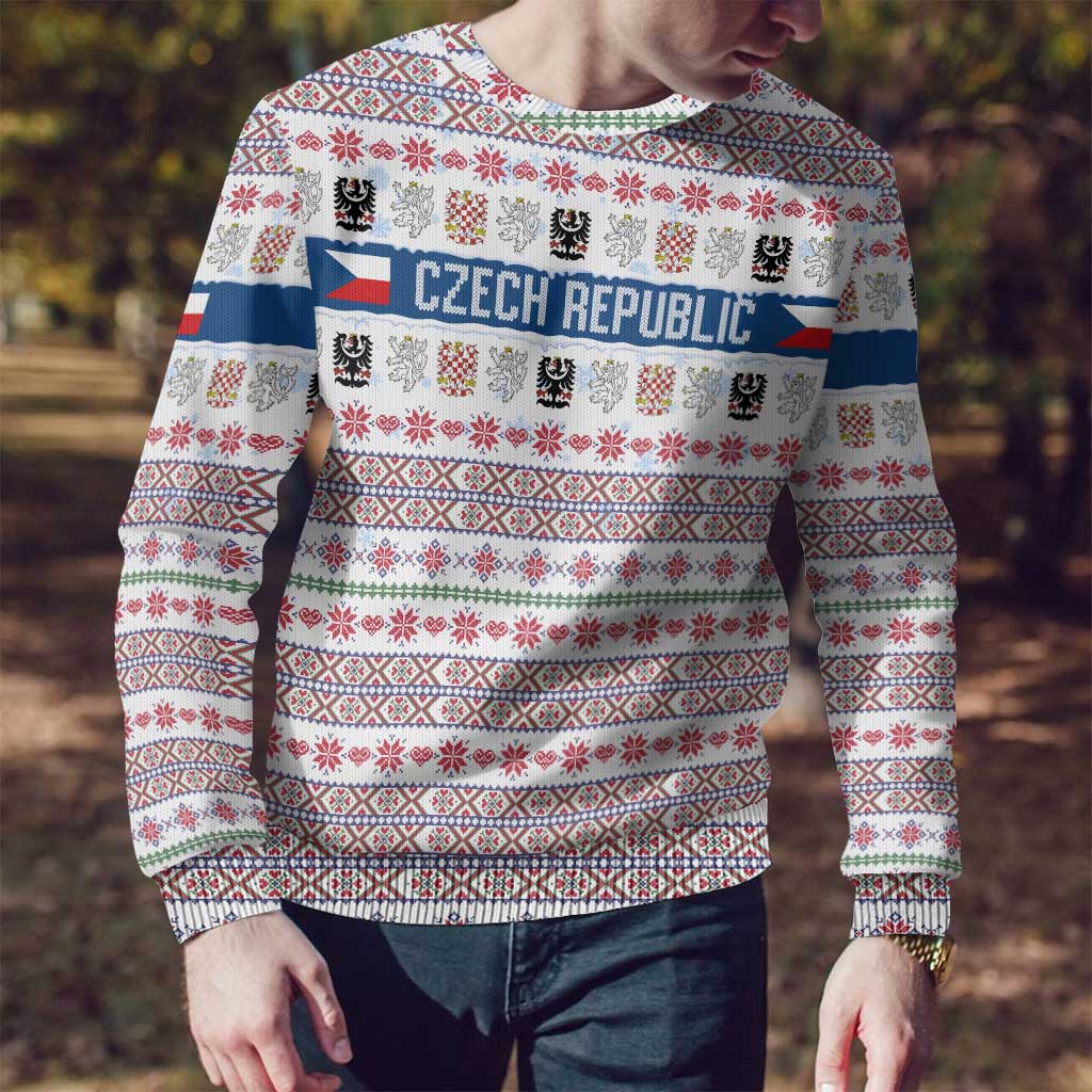 Czech Republic Christmas Ugly Christmas Sweater with Folk Embroidery Design, National Coat of Arms, and Festive Motif - Wonder Print Shop