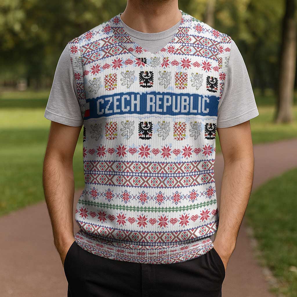 Czech Republic Christmas Knitted V-Neck Vest with Folk Embroidery Design, National Coat of Arms, and Festive Motif - Wonder Print Shop